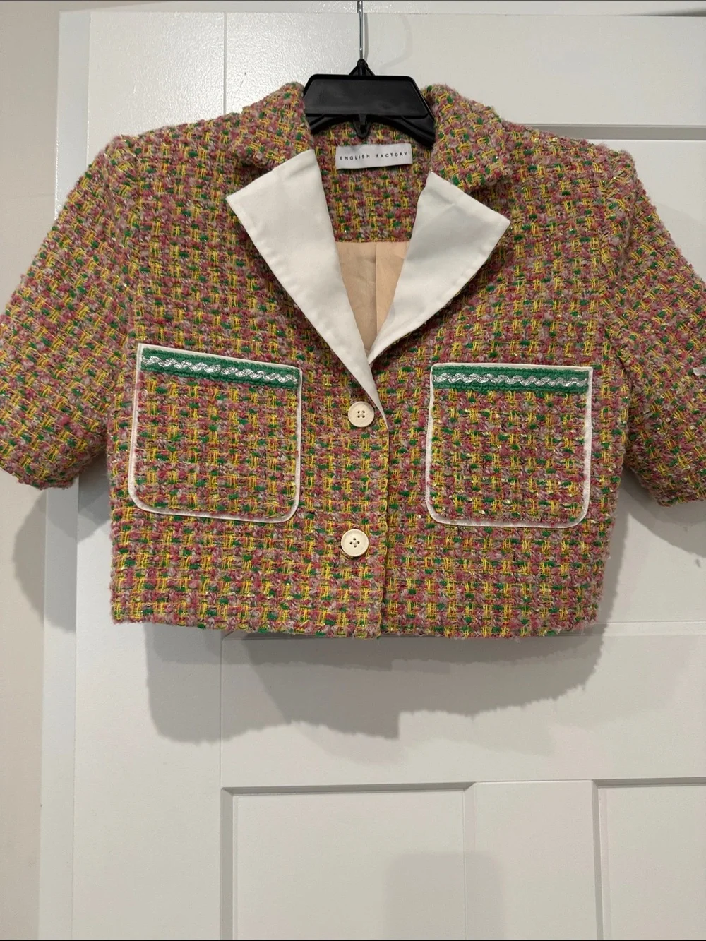 English Factory Pink Multicolor Tweed Cropped Jacket with White Collar
